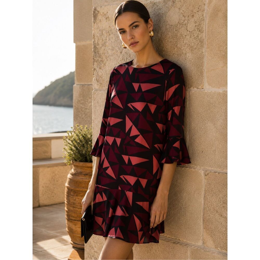 NWOT Lafayette 148 New York Geometric Print Flutter Sleeve Shift Dress Small $46